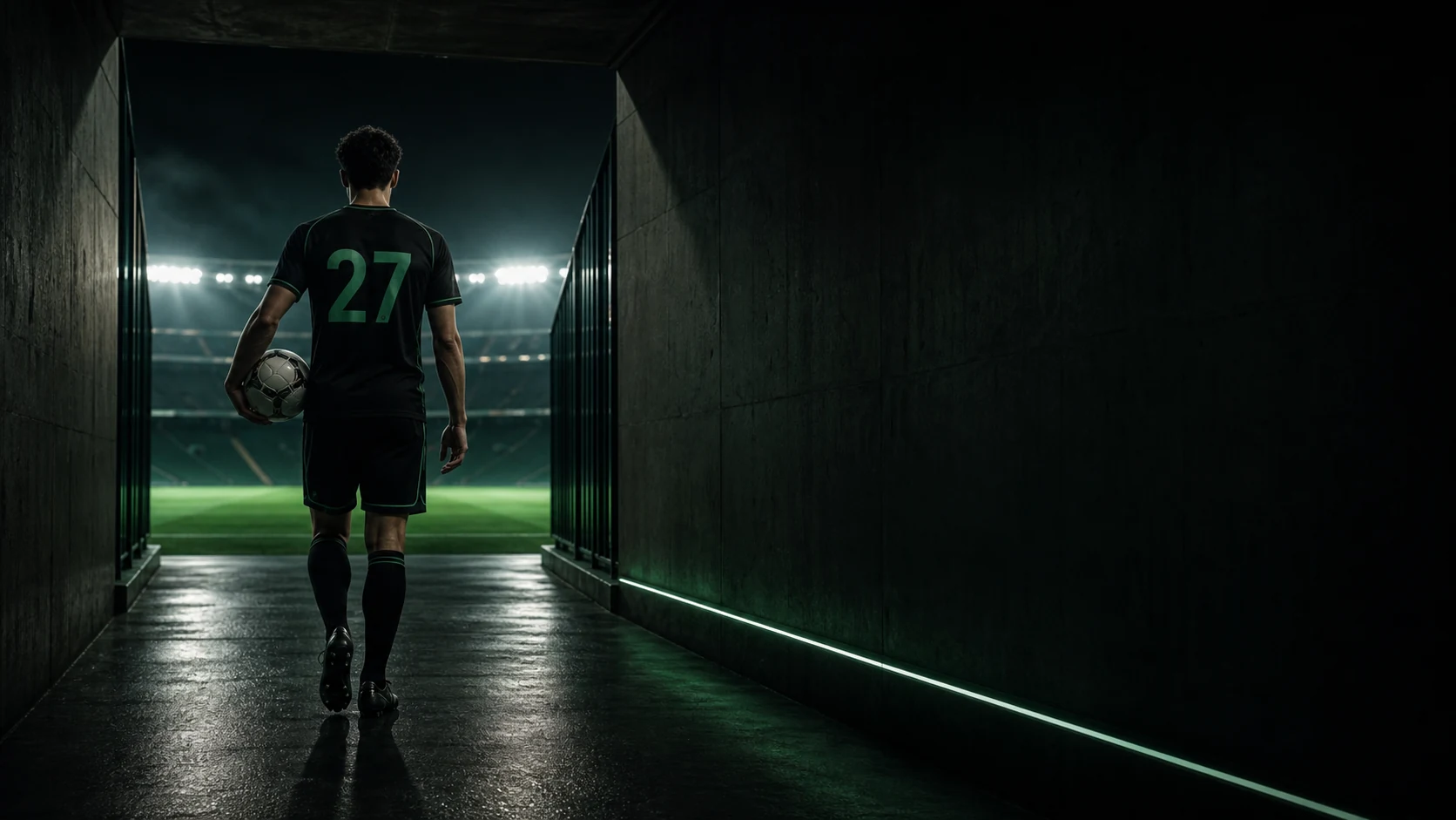 A fictional footballer wearing number 27 walks through a dark stadium tunnel carrying the ball